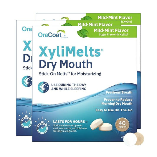 Oracoat XyliMelts for Dry Mouth Night Time or Day - Moisturizing Dry Mouth Adhering Discs, Sugar Free with Xylitol, 40 Count - Pack of 3, Mild Mint Flavor, 8-Hour Relief