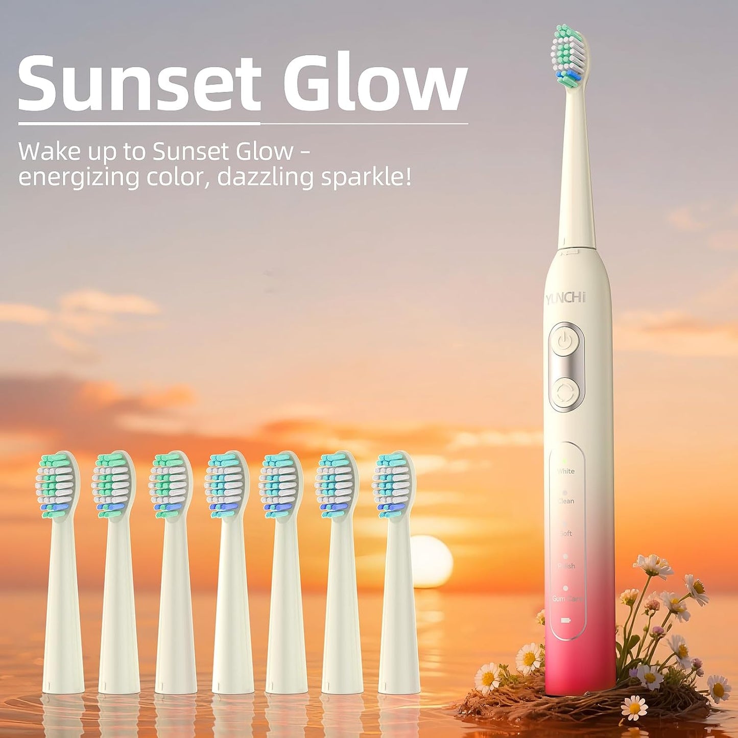 YUNCHI Electric Toothbrush for Adults and Kids, Rechargeable Battery Toothbrushes, 8 Brush Heads, 90 Days, 1 Travel Case, 2 Min Timer, IPX7 Waterproof, 5 Modes, Red Yellow Gradient