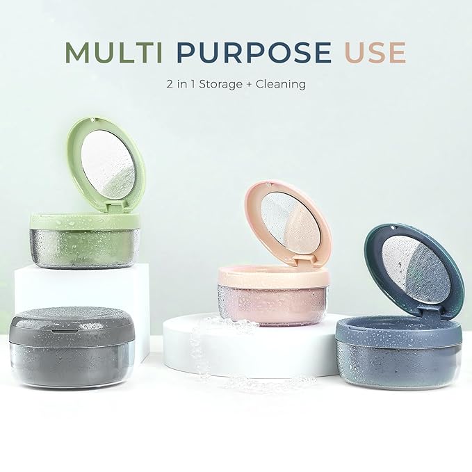 Denture Case, Leak Proof Denture Bath Cup, Denture Soaking Container Cups for Dentures, Retainers, Mouth Guard Storage Case, Full & Partial Denture Cleaning Holder Box with Strainer, Green