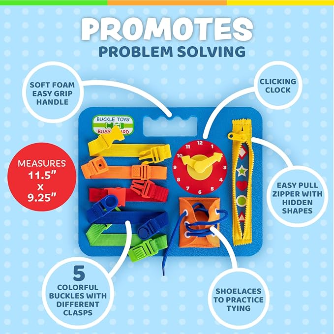 Buckle Toys Busy Board - Montessori Learning Toy for Toddlers Kids Road Trip Activities - Foam Sensory Board - Develop Fine Motor Skills - Blue