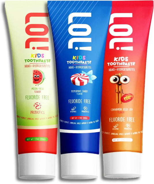 LOL Kids Toothpaste 3-Flavors Pack | Nano Hydroxyapatite Toothpaste, Probiotics, Vitamins A, C, E | Safe if Swallowed, No SLS | 1 Peppermint, 1 Cinnamon, & 1 Melon Flavor