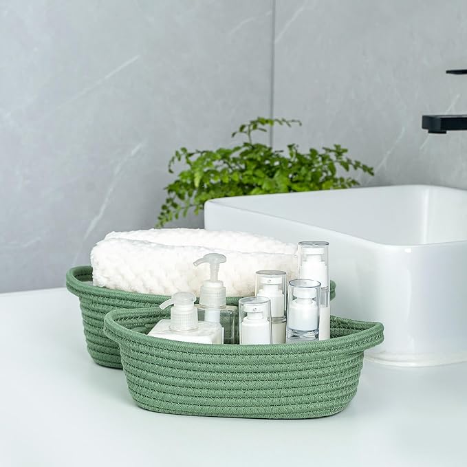 CubesLand Small Cotton Rope Storage Basket Set 5, Shelves Baskets for Organizing with Handle, Decorative Closet Storage Bins for Countertop Toilet Paper Basket for Toilet Tank Top,Green Basket