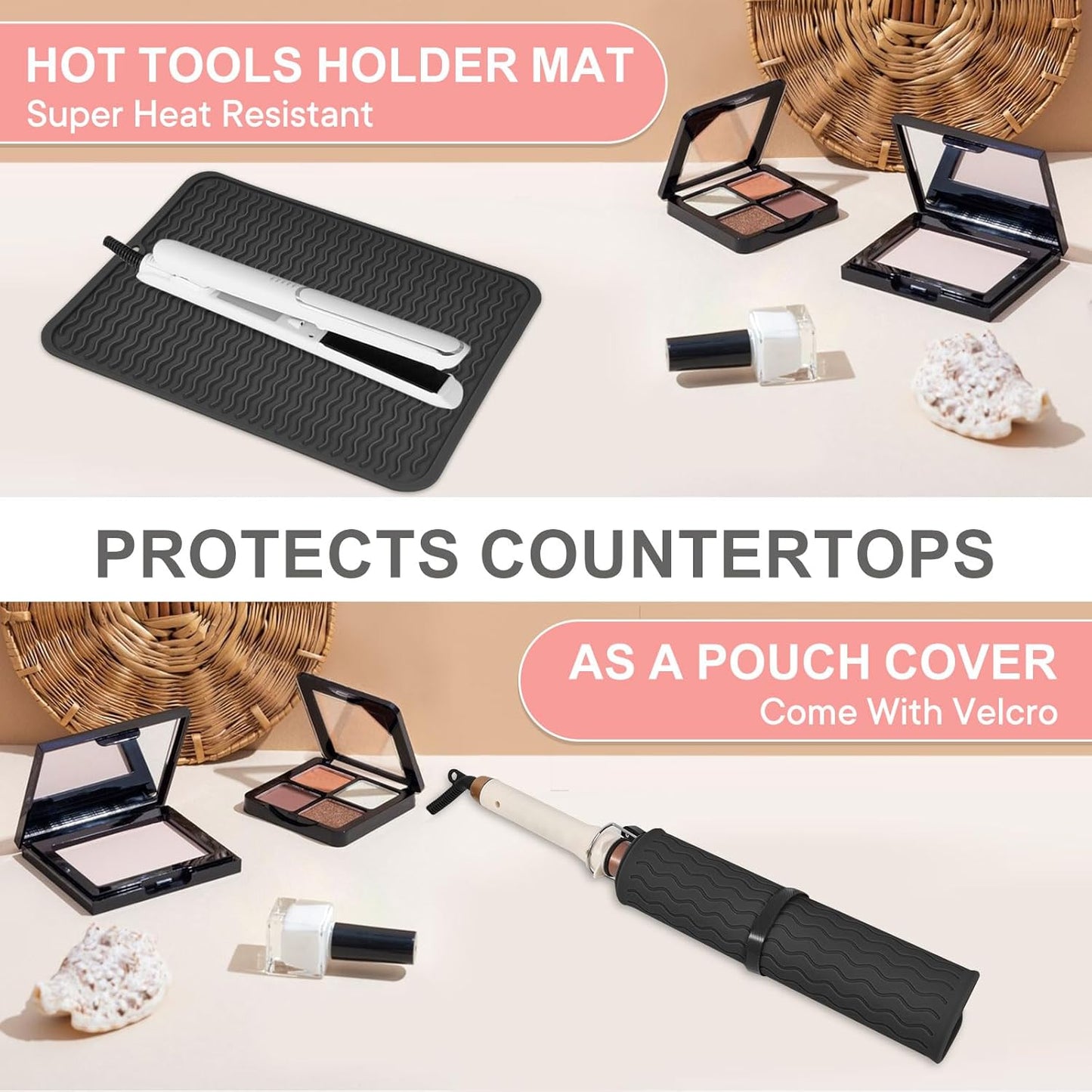 Oversize Silicone Heat Resistant Mat, Portable Travel Mat Cover with Velcro for Curling Irons, Flat Irons, Hair Straightener and Hot Hair Styling Tools(14.2" x 11")