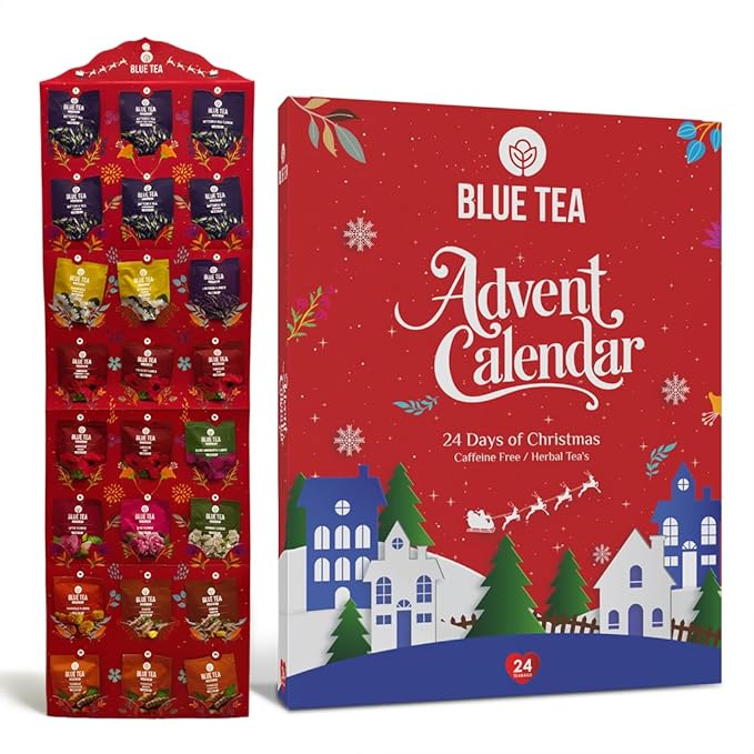 BLUE TEA - Advent Calendar 2025 (Red) - 24 Tea Bags - Plant Based - 24 Unique Tea | Limited Edition | Sampler & Variety Pack | Caffeine Free - Herbal Tea - Christmas Holiday Unique Advent Calendar Tea Gift Set | Gift Idea for Men and Women