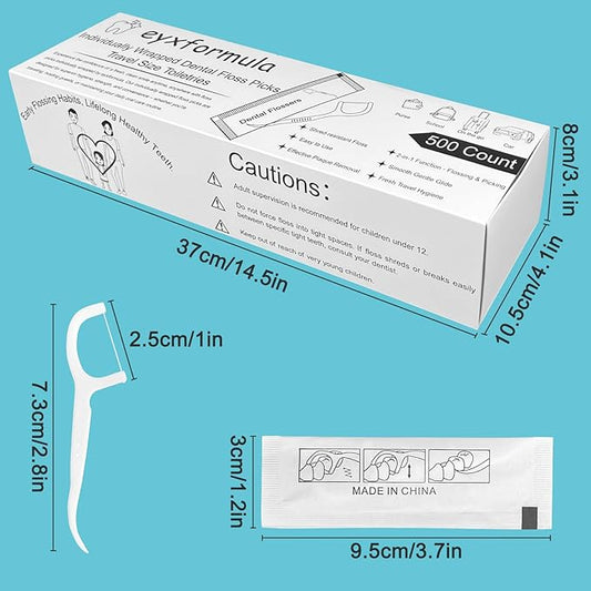 Eyxformula 500 Count Individually Wrapped Floss Picks, Disposable Mini Travel Size Dental Flossers, Bulk Individual Floss Sticks for Hotel Office Car Guest Bathroom On-The-Go Oral Care Teeth Clean