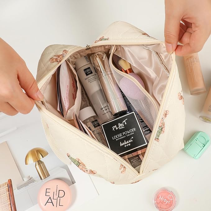 Large Size Quilted Coquette Makeup Bag, Cute Preppy Floral Cotton Travel Cosmetic Organizer Bag with Top Handle, Multi-Layer Travel Toiletry Pouch (01Lightblue Flower)