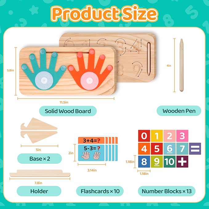 Montessori Learning Toys for Toddlers 2-4, Double-Sided Finger Counting & Number Tracing Board, Colorful Number Blocks, Solid Pine Wood Educational Math Toy for Kids Boys Girls Ages 1 3 5 Year Old