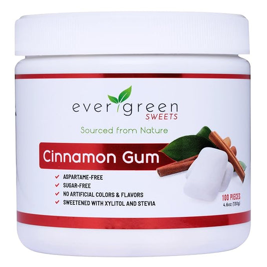 Evergreen Sweets Chewing gum -100 Pieces Jar - Natural Cinnamon Gum Made with Xylitol and Stevia - Sugar-Free, Aspartame Free and Vegan