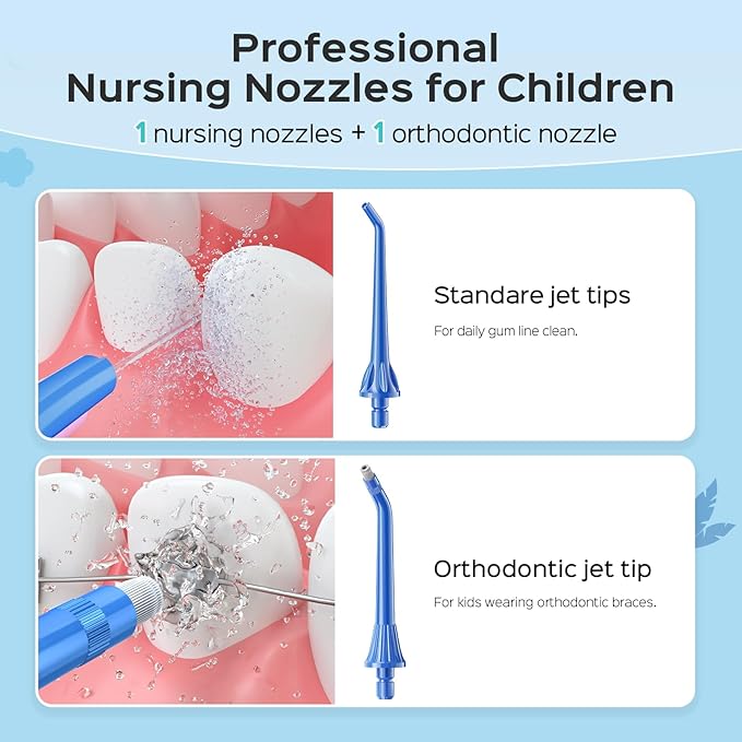 COSLUS Cordless Water Flosser for Kids, Cute Water Dental Pick for Teeth, Braces, Gums Care - 4 Modes for Users Ages 6+, Safe & Gentle, Rechargeable, Waterproof, Portable for Travel, Blue White, C31