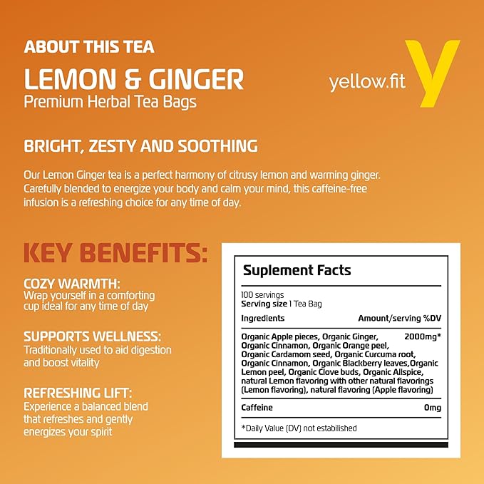 LEMON & GINGER, loose leaf 100 tea bags BRIGHT, ZESTY AND SOOTHING