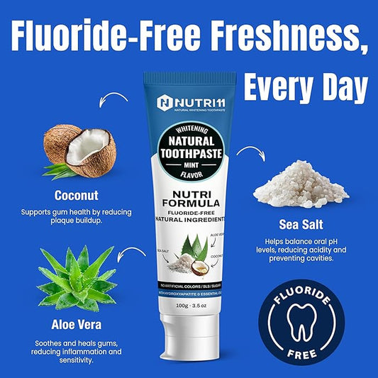 Nutri 11 Natural Whitening Toothpaste | Fluoride-Free & SLS-Free | Enamel Remineralization with Hydroxyapatite & Baking Soda | Sensitive Teeth Safe | Fresh Mint Flavor | 100g