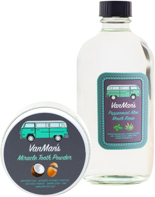 Vanman's - Oral Mouth Care Kit with Powder Toothpaste (2.2 Ounce) and Oral Rinse Mouthwash (8.8 Ounce) - Aloe, Mint Remineralizing Mouthwash and Tooth Powder with Coconut Charcoal, Egg Shell