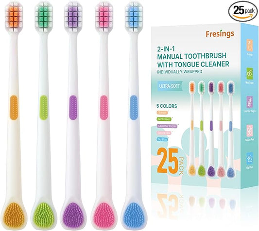 Ultra Soft Toothbrush Family Pack, 25 Pack for Adults & Kids – Sensitive Gums Care with 2-in-1 Tongue Scraper, Individually Wrapped for Travel & Home Use