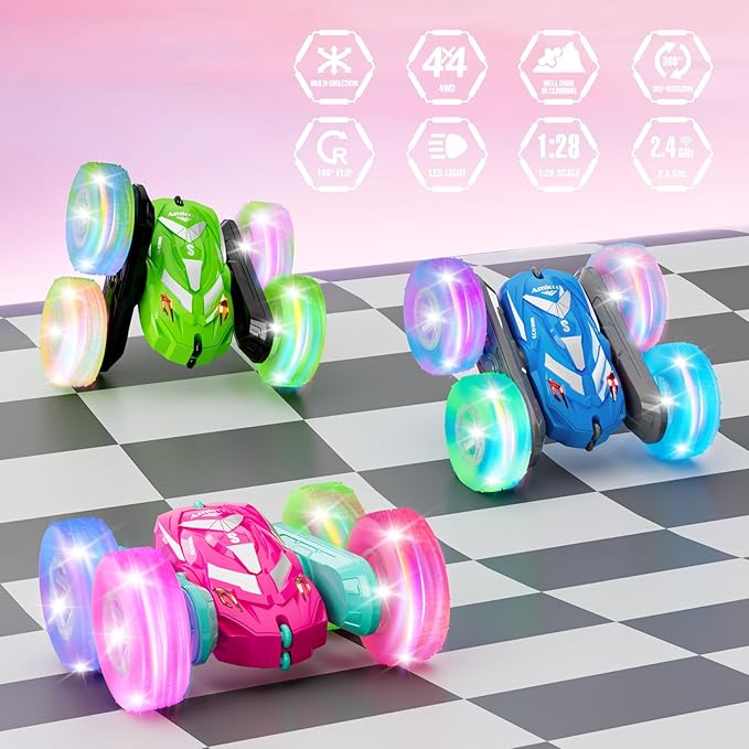 Remote Control Car for Girls 6-12 with Flashing Light, Toys 6 7 8 9 Years Old Girl Birthday Gifts Idea, RC Cars Stunt 4WD 2.4Ghz Double Sided 360° Flip, Present for Kids, Christmas, Pink