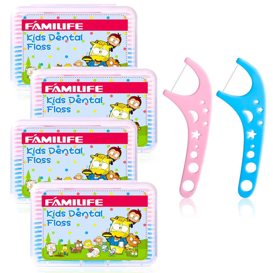 FAMILIFE Kid Floss Picks, Kid Flossers Without Fluoride, Dental Floss Picks with 4 Travel Handy Cases, Unflavored 120ct