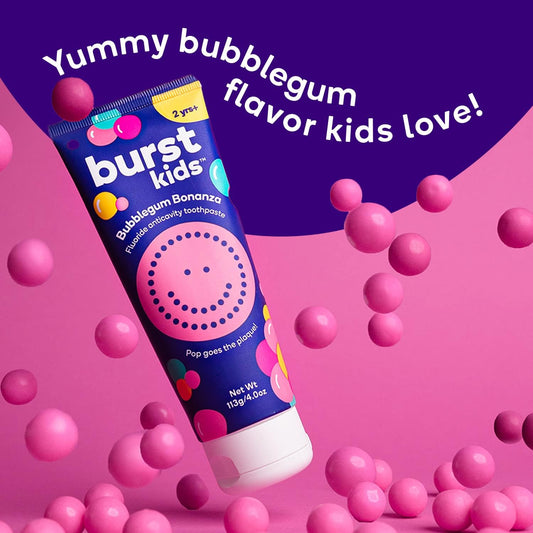 BURST Bubblegum Bonanza Kids Toothpaste with Fluoride (4oz/2 Pack) | Great Tasting Flavored for Children & Toddlers | Anticavity | Dye Free & Vegan | Safe for Kids Ages 2+