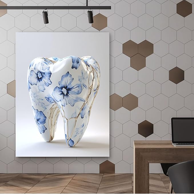SchindlerBang Dentistry Student Graduation Gift,Teeth Anatomy Wall Art,Floral Mechanical Tooth Poster,Home Bedroom Clinic Decor,12x16inch Framed Print Ready to Hang
