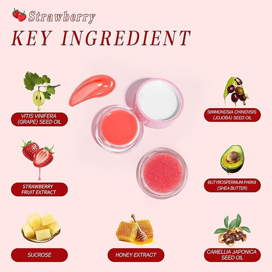 Lip Mask &Sugar Lip Scrub Set Natural Lip Treatment Duo - 4 IN 1 Lip Sleep Mask Gift Set for Exfoliate,Nourish Soothe & Hydrate Dry and Flaky Lips-Lip Mask Overnight for Lip Care-Strawberry
