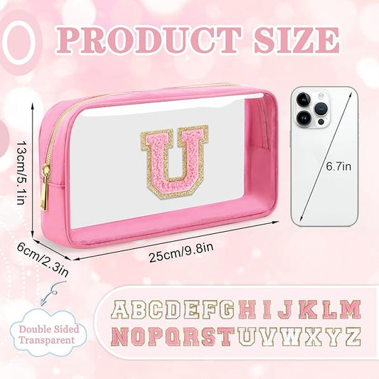 Small Clear Personalized Initial Makeup Bag, Preppy Nylon A-Z Chenille Letter Patch Makeup Organizer TSA Approved Travel Toiletry Bag,Waterproof Zip Beach Cosmetic Pouch Purse for Women(Pink-Pink U)
