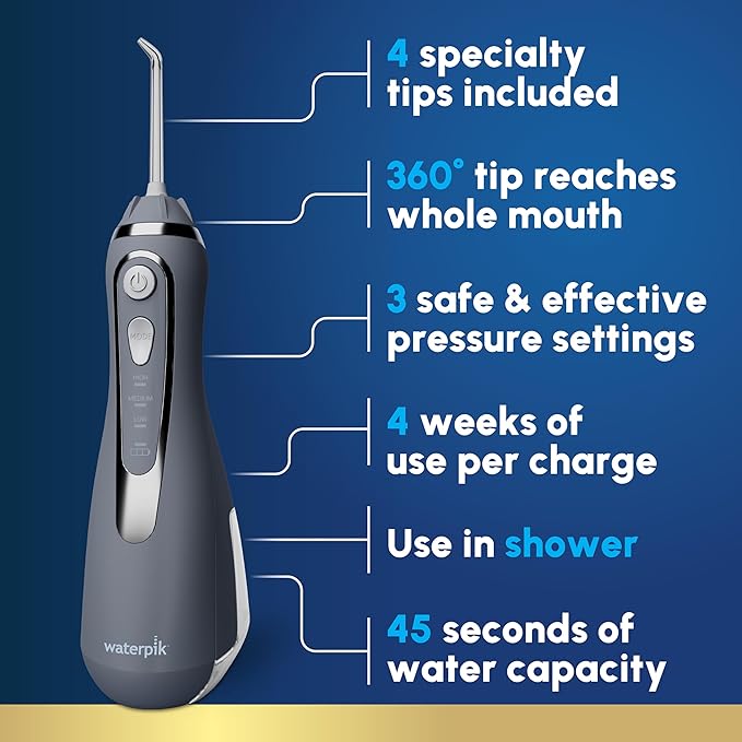 Waterpik Cordless Advanced 2.0 Water Flosser For Teeth, Gums, Braces, Dental Care With Travel Bag and 4 Tips, ADA Accepted, Rechargeable, Portable, and Waterproof, Gray WP-587, Packaging May Vary