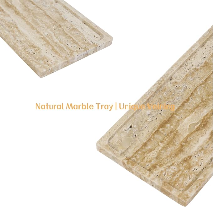 Solid Natural Marble Rectangle Vanity Tray - 9.8"x5" Italy Natural Bath & Counter Organizer, Decorative Jewelry Perfume Holder, Kitchen Coffee Table Serving Tray（Travertine）