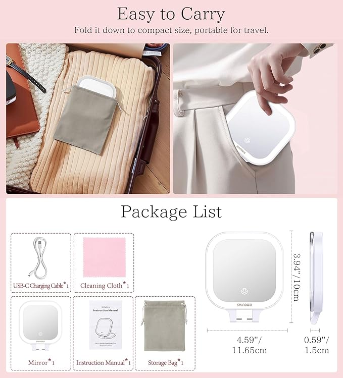 Shinowa Rechargeable Travel Makeup Mirror with 44 LED Lights, 1X/10X Magnifying Vanity Mirror with 3 Color Light, Folding Stand, 4 Inch Portable Dimmable Double Sided Compact Lighted Mirror, White