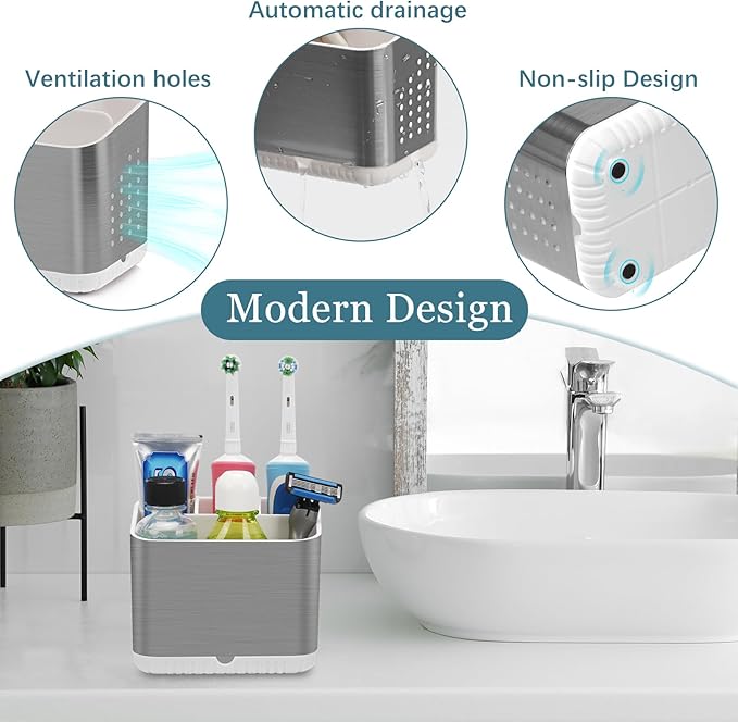 Toothbrush Holders for Bathrooms, Kids Electric Toothbrush and Toothpaste Holder, Brushed Nickel Toothbrush Caddy, Tooth Brushing Stand for Bathroom Organizer Countertop (Brushed Silver)