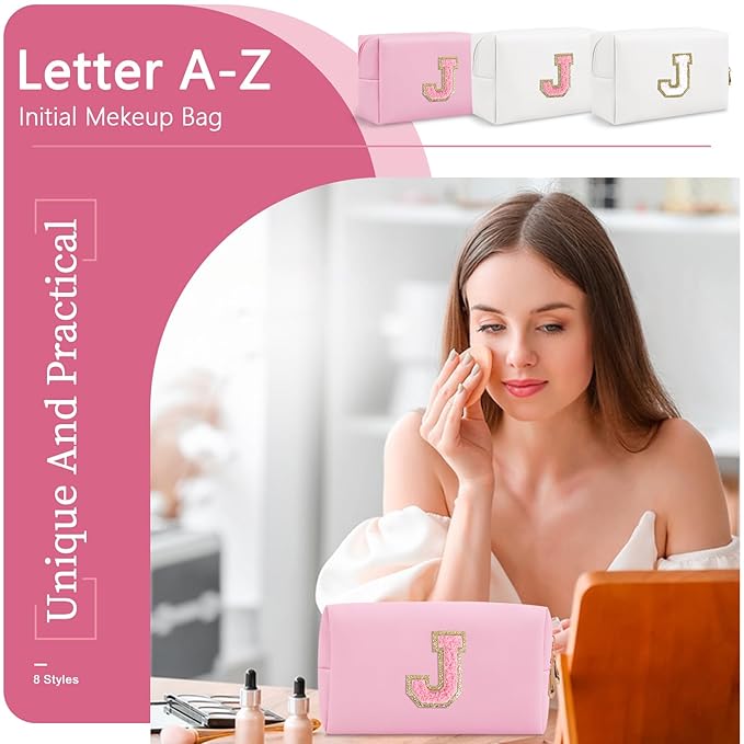 Personalized Initial A-Z Preppy Patch Makeup Bag,Small PU Leather Chenille Letter Cosmetic Bag with Zipper for Teen Girls,Pink Cute Travel Toiletry Bag,Birthday Monogrammed Gift for Daughter,Letter J