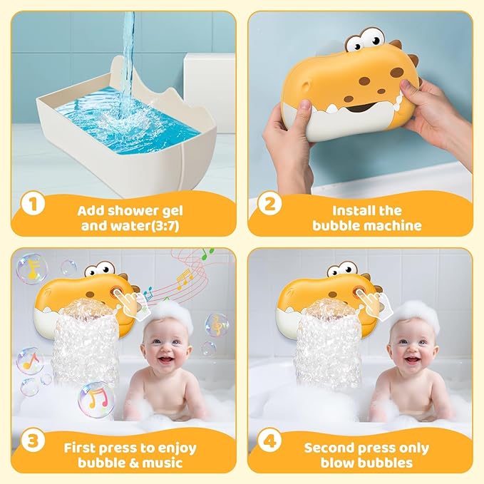 Baby Bath Toys, Rechargeable Dinosaur Bath Bubble Machine with Music, Bathtime Bathtub Toys for Toddlers Christmas Birthday Gifts, Bubble Maker Toys for Kids Ages 1-3 4-8 Baby Gifts (Yellow)