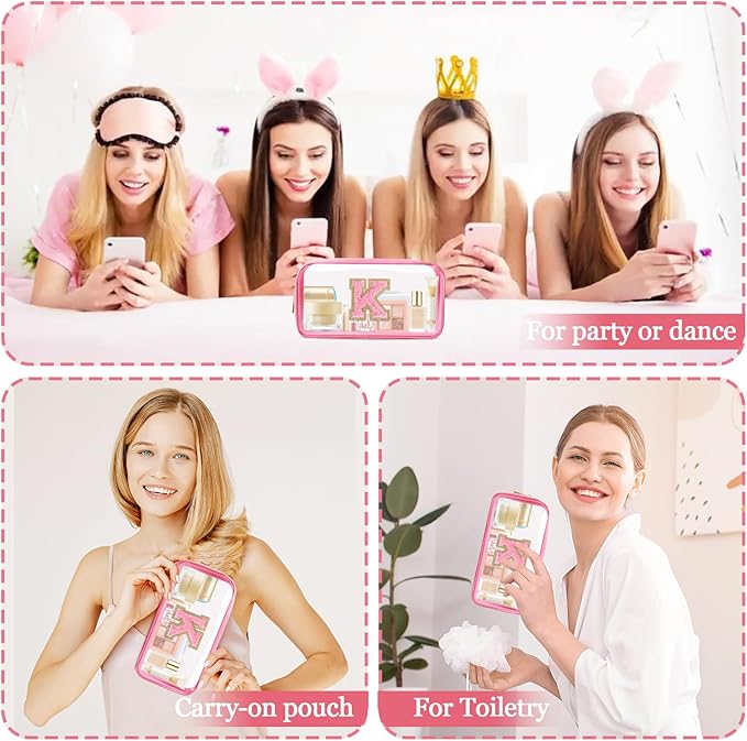 Small Clear Personalized Initial Makeup Bag,Nylon Preppy A-Z Chenille Letter Patch Cosmetic Pouch Beach Toiletry Bag,Waterproof Zipper Travel Purse Storage Bag Organizer for Women Girls(Pink-Pink K)