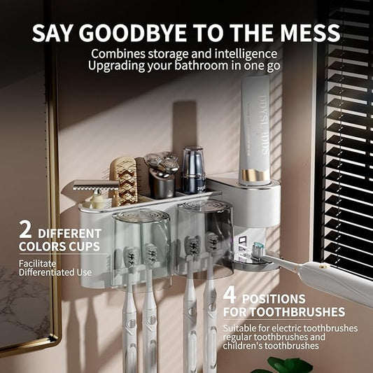 Automatic Toothpaste Dispenser Wall Mounted: 2 Cups Toothbrush Holders White Electric 6 Adjustable Levels Auto Toothpaste Squeezer Smart Rechargeable Touchless for Kids Adults - Bathroom