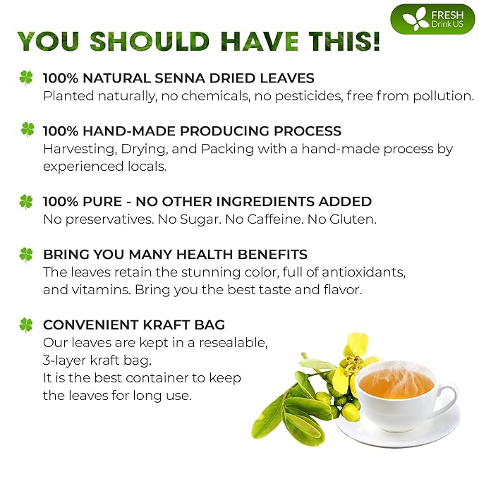FreshDrinkUS, Permium 10oz Senna Leaves, 100% Natural & Pure from Senna Leaves, Senna Leaf Tea, Senna Loose Leaf Herbal Tea, No Additives, No Caffeine, Vegan