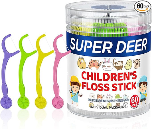 Super Deer Children's Dental Floss Sticks, 60 Count, Individually Packaged, Ages 3+, Shred Resistant, Perfect for School, Travel & Playdates