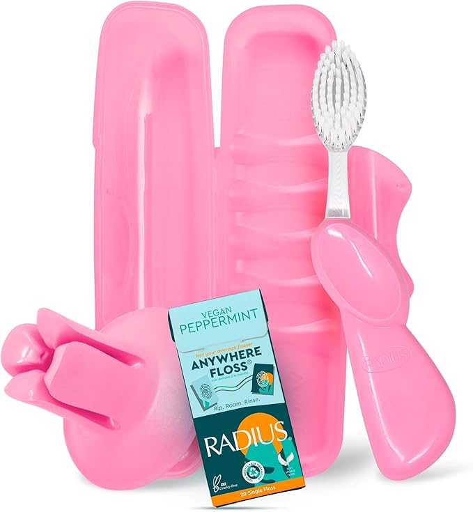 RADIUS Vacation Pastel Bundle, Includes Right Handed Big Brush with Replaceable Head, Toothbrush Travel Case, DOC Toothbrush Holder, Anywhere Travel Floss Packette, Pink, 4 Piece Bundle