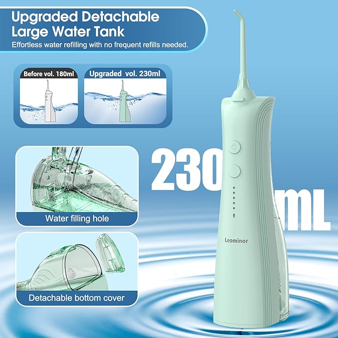Leominor Water Dental Flosser - 5 Modes Cordless Portable Oral Irrigator, IPX7 Waterproof, Rechargeable Teeth Cleaner Upgrade Datchable Tank Professional Flossing Cleaning Pick for Home Travel(Green)