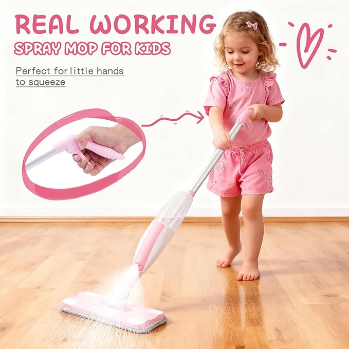 Toddler Gifts Cleaning Toy Sets, Real Working Water-Spraying Mop Toy & Kids Broom Dustpan Set, Montessori Mini Kids Spray Mop, Toddler Cleaning Set for Floor, Christmas Birthday Gifts for Age 3+