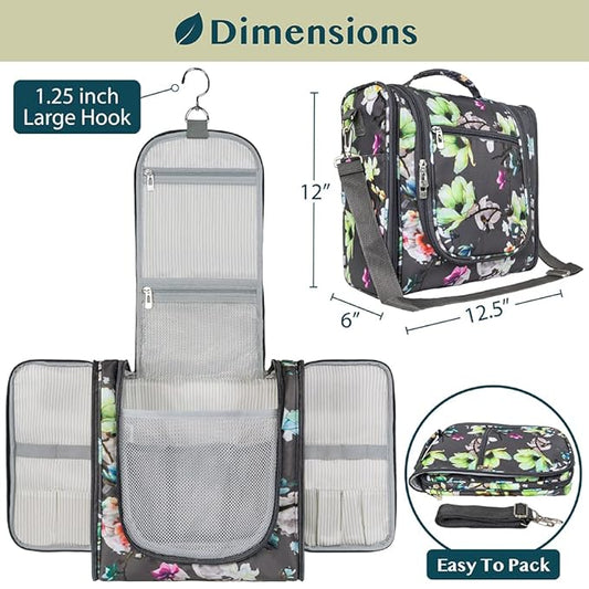 PAVILIA Extra Large Toiletry Bag Travel Bag for Women Men, Hanging Cosmetic Organizer, Water Resistant Makeup Bag for Accessories Toiletries, Travel Essentials Kit (Floral Grey)