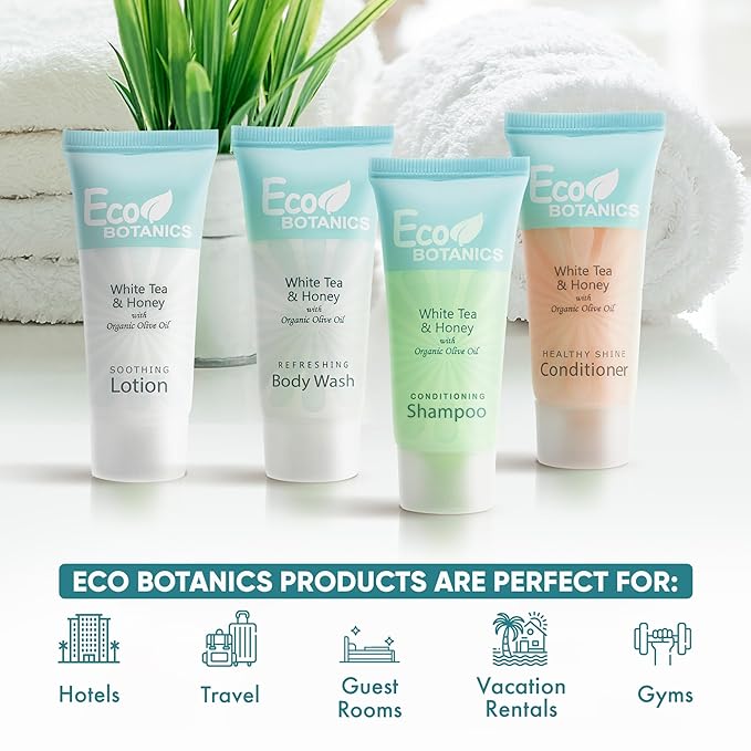 Eco Botanics Toiletries Set | 1-Shoppe Amenities Kit | 0.85oz Shampoo & Conditioner, Body Wash, Lotion | Travel Size | 80 Pieces