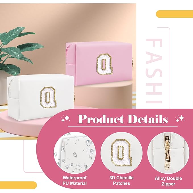 Small Personalized Initial A-Z Preppy Patch Makeup Bag,White PU Chenille Letter Travel Cosmetic Pouch with Zipper,Cute Toiletry Bag,Gift Ideal for Teen Girls Women Teacher Bridesmaid,Letter Q
