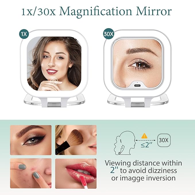 FUNTOUCH 4inch 1x 10x Magnifying Travel Makeup Mirror with Lights, Rechargeable Lighted Compact Mirror with Light, 3 Color Lighting, Double Sided Portable Handheld Hanging Compact Mirror, Dimmable