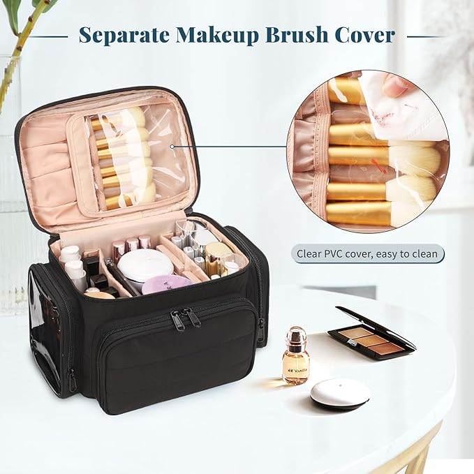 Large Cotton Makeup Bag, Lightweight Travel Makeup Bag Organizer for Women Girls with Makeup Brush Compartment & Two Side Pockets, Cosmetic Travel Bag Vertical Storage- Black01