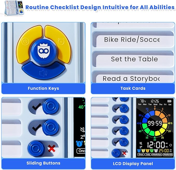 Mooking 5-in-1 Visual Timer, ADHD Tool for Kids|Adults, Visual Schedule for Kids with Autism, 12/24 Task Timer & Chore Chart Board, ADHD Tools with Daily Checklist for Home, School, Classroom - Blue