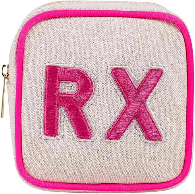Small Canvas Rx Medicine Packages, Cute Chenille Letter Patch Drug Makeup Bag with Metal Zipper, Mini Travel First Aid Purse Organizer Machine Washable (02Hot Pink)