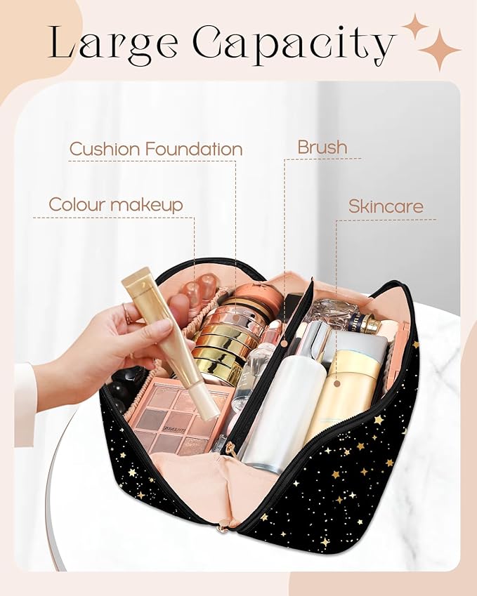 Bistup Makeup Bag Travel Cosmetic Bag Toiletry Make Up Bags Cute Women Large Capacity Big Medium Leather Sun Moon Aesthetic Portable Teen Girls Teenage Foldable Expandable Compact Open Flat Zip