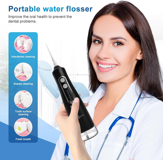 Cordless Water Dental Flosser Oral irrigator,JNGOODS 310ml Rechargeable Water flosser for Teeth IPX7 Waterproof 4 Modes Portable Irrigate with 4 Jet Tips,Travel Home use (Black)