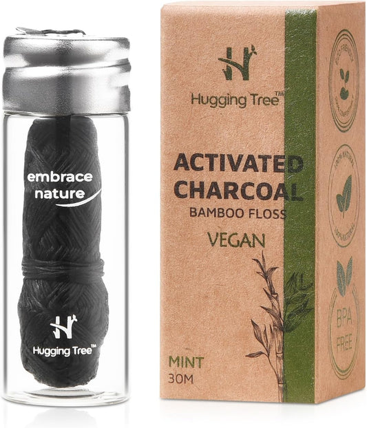 Charcoal Dental Floss with Refillable Glass Dispenser | PFAS Free Dental Floss | Mint (33 Yards)