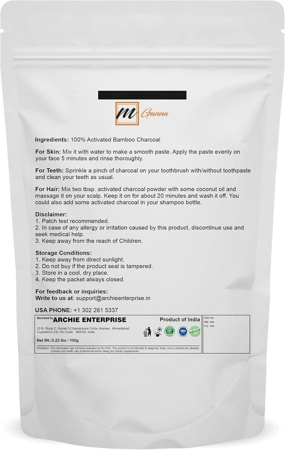 Activated Bamboo Charcoal 100g / 0.22lbs for Teeth Cleaning, Face Masks, Scrubs and Soap Making