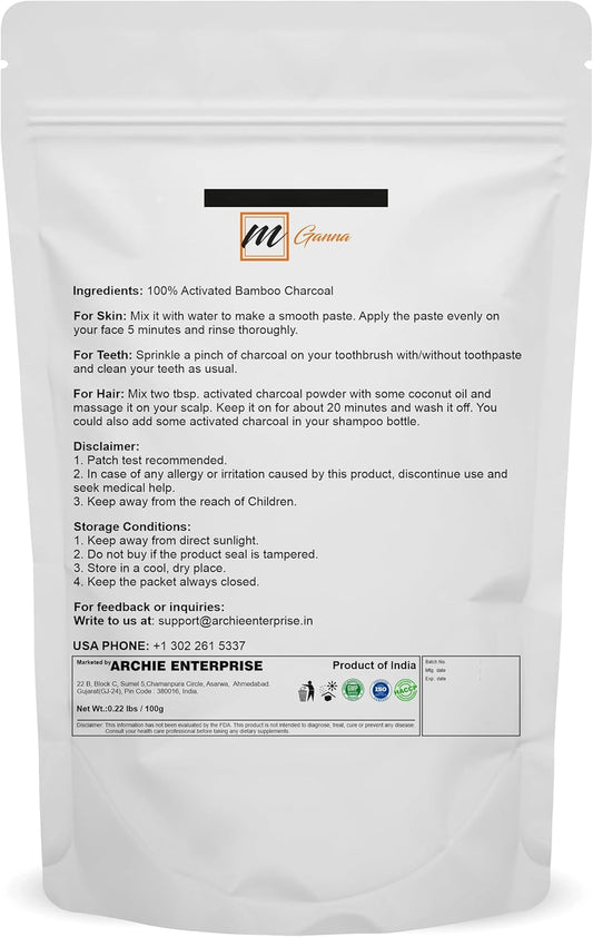 Activated Bamboo Charcoal 100g / 0.22lbs for Teeth Cleaning, Face Masks, Scrubs and Soap Making