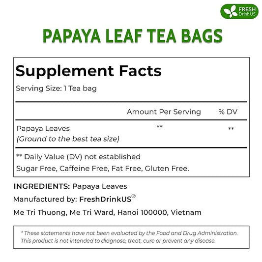 FreshDrinkUS Premium 135 Papaya Leaf Tea Bags, 100% Natural & Pure. Loose Leaf Herbal Tea. Made with Natural Material Tea Bags. No Sugar, No Caffeine, No Gluten, Vegan