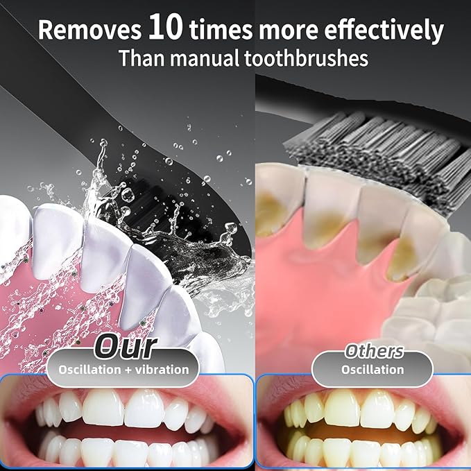 Rooman Oscillation&Vibration Sonic Electric Toothbrush for Adults, with 8 Brush Heads for Travel & Teeth Care, 20000 VPM, 3 Cleaning Modes, 2-Minute Timer, IPX7 Waterproof (Black)